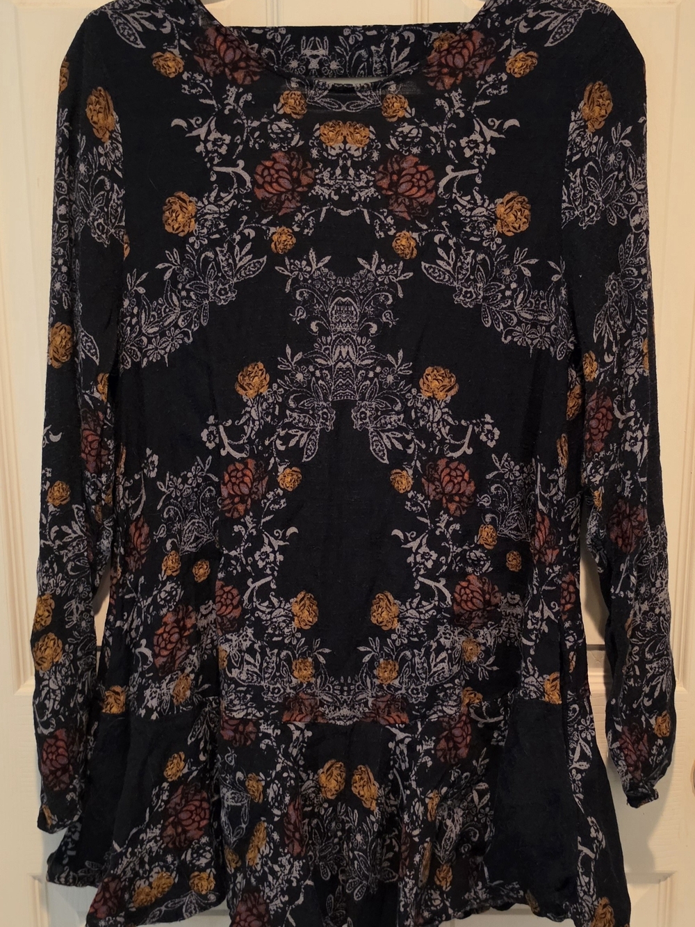 Free People Black Floral Peplum Mini Dress with Mustard & Rust Blooms